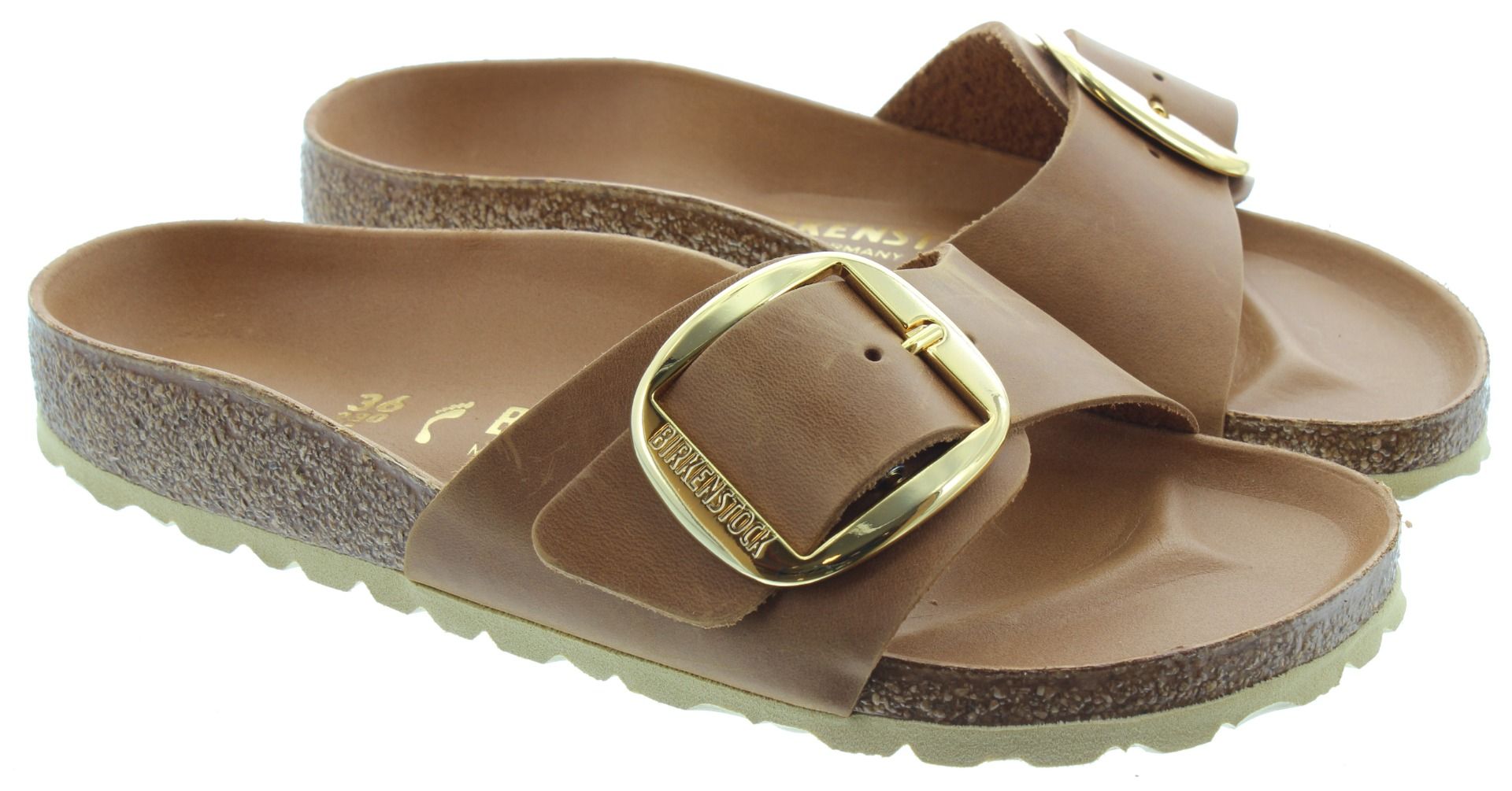 Ladies Madrid Big Buckle Sandals In Oiled Cognac Leather