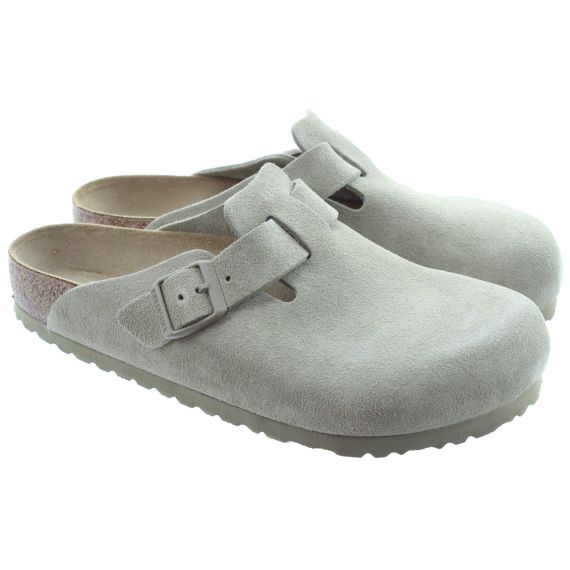 BIRKENSTOCK Adults Suede Boston Mules In Faded Khaki