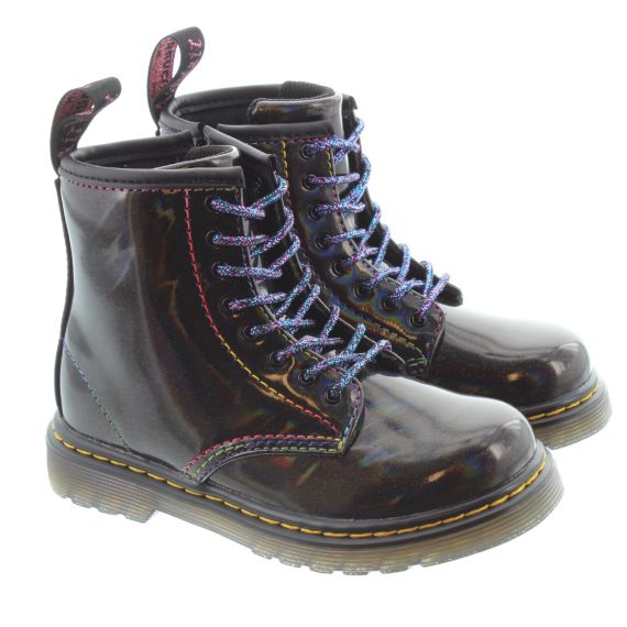 Dr. Martens Junior 1460 Rainbow Patent Leather Lace Up Boots in Black