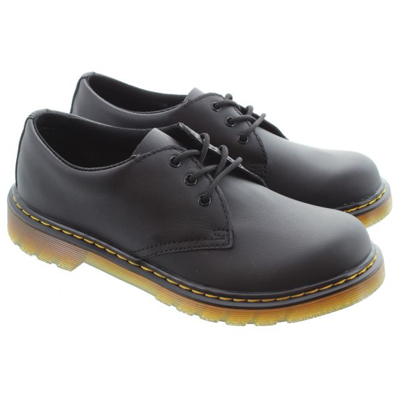 DR MARTENS Kids 1461 Yellow Stitch Shoes In Black Leather 