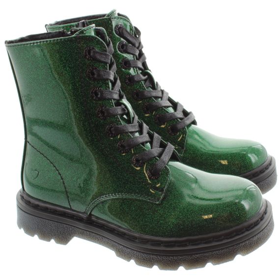 HEAVENLY FEET Justina Lace Ankle Boots In Green Glitter