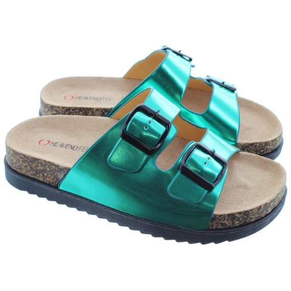 HEAVENLY FEET Ladies Totnes Metallic Mules In Jade Green 