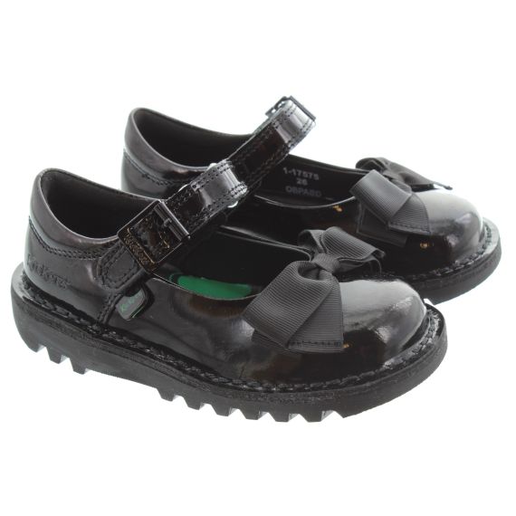 KICKERS Kids Kick Mary Jane Bow Shoes In Black Patent 