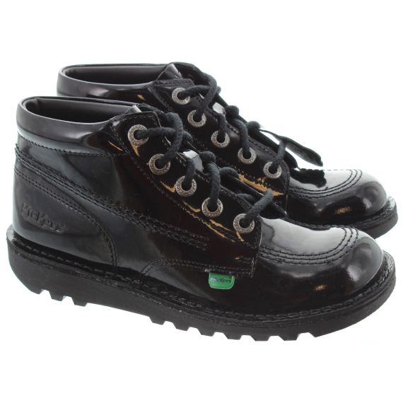 KICKERS Youths Leather Kick Hi Boots in Black Patent