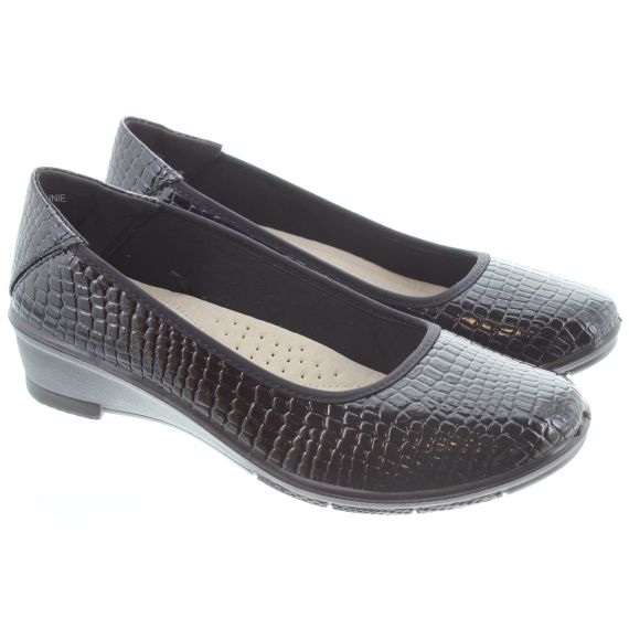 LUNAR Ladies Winnie Low Wedge Shoes In Black Patent 