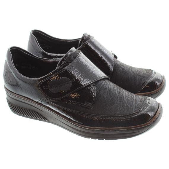 RIEKER Ladies 487C Velcro Shoes In Black Patent