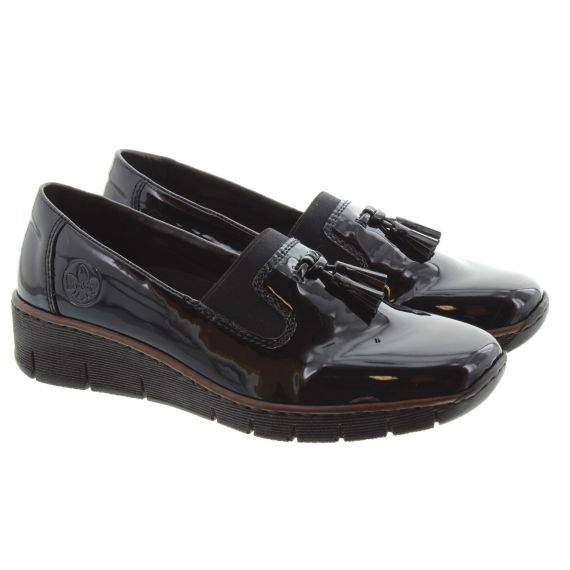 RIEKER Ladies 53751 Wedge Loafers In Black Patent