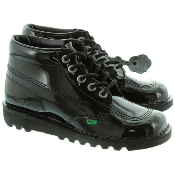 KICKERS Leather Kick Hi Ladies Lace Boot in Black Patent