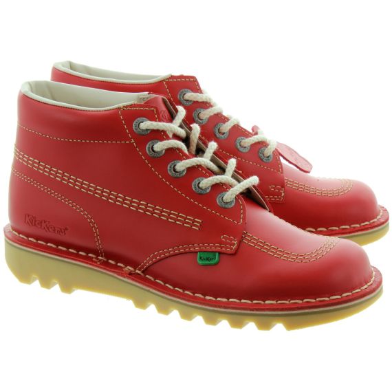 KICKERS Leather Kick Hi Ladies Lace Boot in Red
