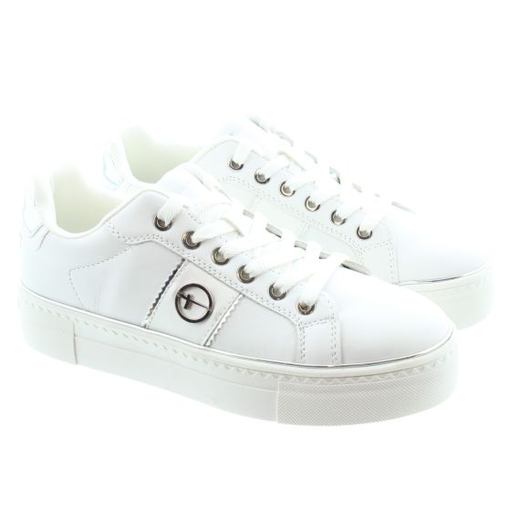 TAMARIS Ladies 23724 Leather Flatform Trainers In White